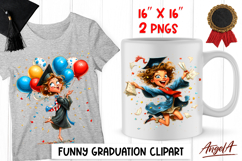 Graduation clipart Happy girl with cap, diploma, confetti Product Image 1
