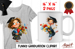 Graduation clipart Cute girl student with cap and flowers Product Image 1