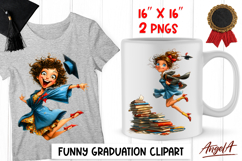 Graduation clipart Happy girl with cap, stack of books PNG Product Image 1