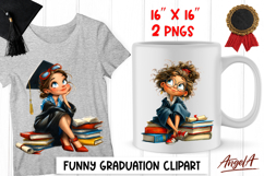 Graduation clipart cute girl student with cap, book stack Product Image 1