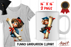 Graduation clipart Cute happy girl with diploma and cap PNG Product Image 1