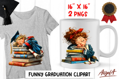 Graduation clipart cute student sleeping on book stack PNG Product Image 1
