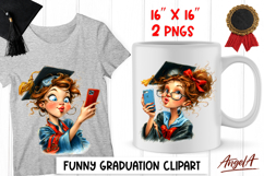 Graduation clipart Fashion girl with cap, phone Selfie PNG Product Image 1