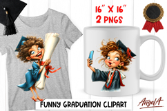 Graduation clipart Fashion girl with cap, diploma Selfie PNG Product Image 1