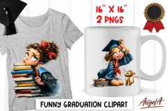 Graduation clipart Cute girl and cat and a book stack PNG Product Image 1