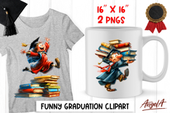 Graduation clipart Funny boy senior with cap, book stack PNG Product Image 1