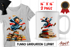 Graduation clipart Happy boy senior with cap, book stack PNG Product Image 1