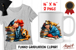 Graduation clipart Happy girl and dog on book stack PNG Product Image 1