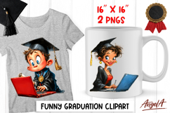 Graduation clipart Cute girl and boy senior with laptop PNG Product Image 1