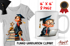 Graduation clipart Cute girl with books, boy with laptop PNG Product Image 1