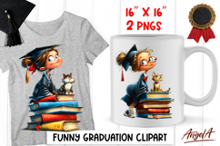Graduation clipart Cute girl with book stack and cat PNG Product Image 1
