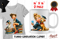 Graduation clipart Cute girl and dog, book stack selfie PNG Product Image 1
