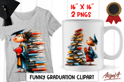 Graduation clipart Girl senior with book stack in cap PNG Product Image 1