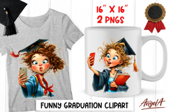 Graduation clipart Fashion girl with cap, phone Selfie PNG Product Image 1