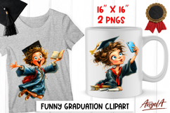 Graduation clipart Fashion girl with cap and book Selfie PNG Product Image 1