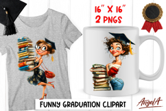 Graduation clipart Cute girl in graduation cap, book stack Product Image 1