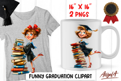 Graduation clipart Cute girl in graduation cap, book stack Product Image 1
