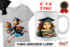 Graduation clipart Cute girl in graduation cap, book stack Product Image 1