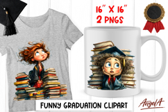 Graduation clipart Cute sad girl in cap, book stack PNG Product Image 1