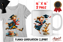 Graduation clipart Happy girl with cap, dog, book stack PNG Product Image 1