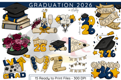Navy and Gold Graduation Clipart | Class of 2026 PNG Product Image 1