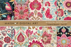 Intricate floral embroidery style patterns featuring a pink bird and grand bloom ornamental designs in teal and gold.