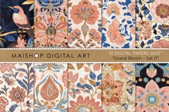 Intricate floral embroidery style patterns featuring a pink and orange bird with grand bloom ornamental designs in teal.