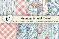 Grandmillennial Floral Digital Paper, Seamless Watercolor Vintage Pattern Pack, Printable Scrapbook Paper, Pink Blue Design Bundle