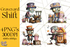 Halloween Clipart PNG, Funny Skeleton and Zombie Workers Product Image 1