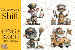 Halloween Clipart PNG, Funny Skeleton and Zombie Workers Product Image 1