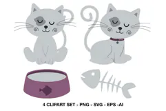 Gray cat clipart with cute kitties pet food bowl and fish skeleton