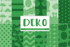 Green dinosaur digital paper pack with dinosaur silhouettes eggs and jungle leaves