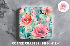 Floral Square Coaster, Coffee Square Coaster Sublimation Png,  Square Coaster Png