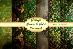 Green &amp; Gold Grunge Damask Backgrounds Product Image 1