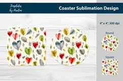 Red Heart Leaves Square Coaster Sublimation Design