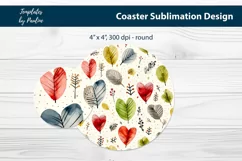 Red Heart Leaves round Coaster Sublimation Design