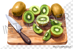 Chopped Green Kiwis on Wooden Cutting Board with Knife PNG Product Image 1