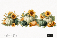 Green Pumpkins and Sunflowers Clipart | Fall Png Product Image 1