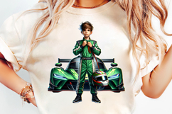 green race driver png, racing driver with car clipart, motorsport green suit sublimation, race car driver png design, automotive racing clipart png, motorsport driver printable art, racing car driver sublimation design, car driver in green suit png, race 