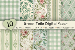Green Toile Digital Paper Pack, Vintage Floral Toile, Gingham &amp; Stripe Seamless Patterns, Wedding, Scrapbooking &amp; Printable Crafts