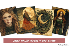 Vintage Pagan Folk Junk Journal Pages, Wiccan Green Witch Product Image 1