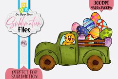 Illustration of a green truck with chicken driving and eggs in the back