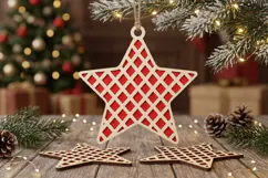 Grid Wooden Christmas Star SVG Red Lattice Ornament Product Image 1