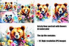 Grizzly Bear portrait with flowers AI watercolor Product Image 1