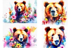 Grizzly Bear portrait with flowers AI watercolor Product Image 2