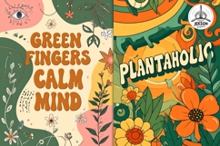 Groovy retro-style botanical quote card set featuring "Green Fingers Calm Mind" and "Plantaholic" designs. Perfect for wall art prints, posters, greeting cards and plant lover gifts. High resolution files included.
