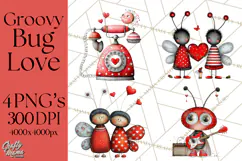 Groovy Retro Valentine Bug Clipart PNG, 70s Love Clip Art Product Image 1