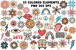 Groovy Retro 70s Hippie Boho PNG Clipart Elements Hand Drawn Product Image 2