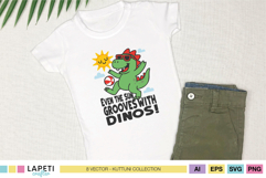 White shirt mockup with groovy dino wearing sunglasses and playing with a beach ball under the sun.