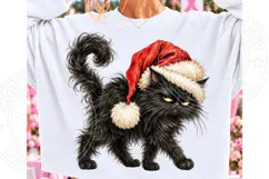 Grumpy Black Cat Christmas PNG | Fluffy Santa Hat Cat Sublim Product Image 1